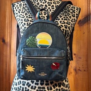 Coach Charlie Mini Denim backpack W/Blue Hawaii PATCHES Limited Edition EUC